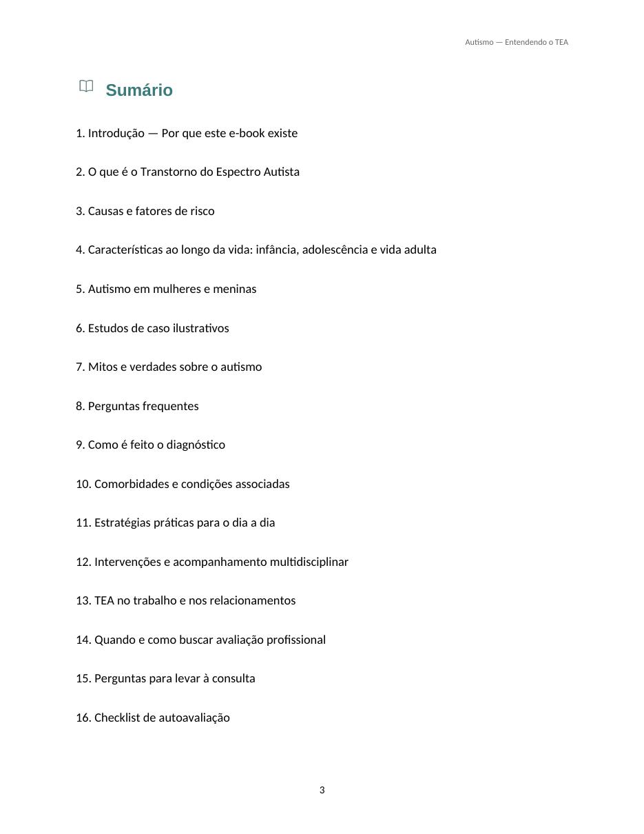 Página do sumário do e-book de Autismo