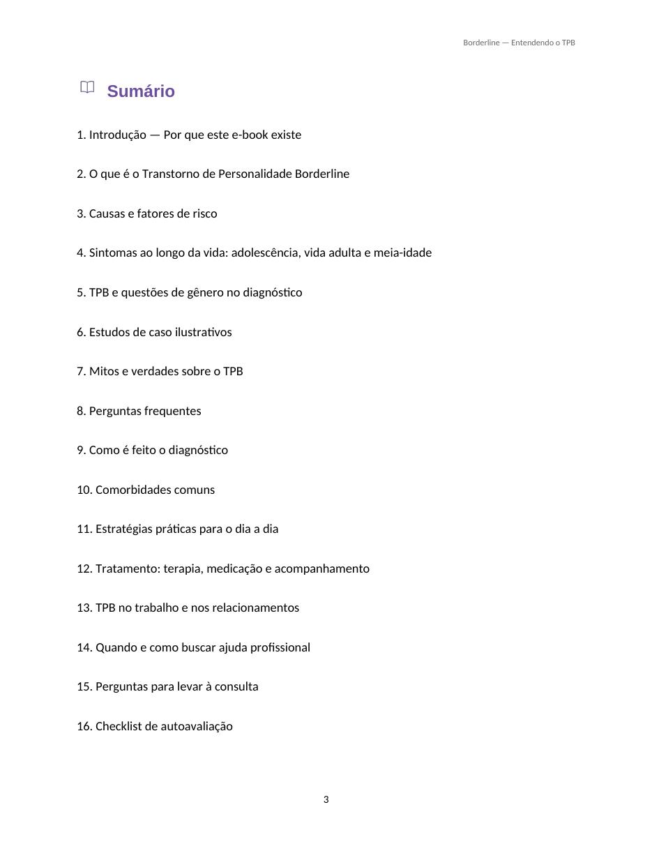 Página do sumário do e-book de Borderline